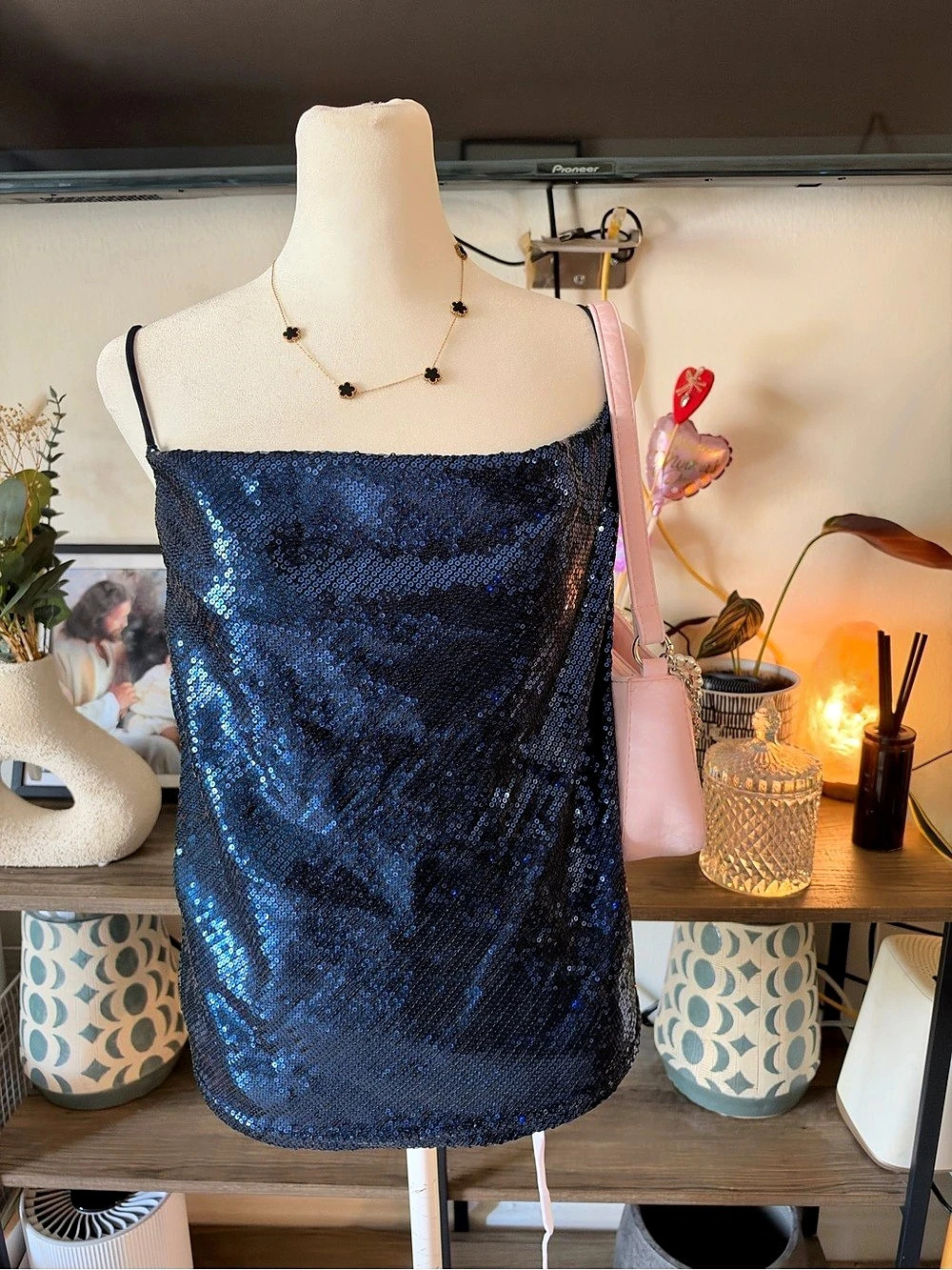 Orchid Haze Sequin Spaghetti Strap Party Top Camisole in Blue & Black